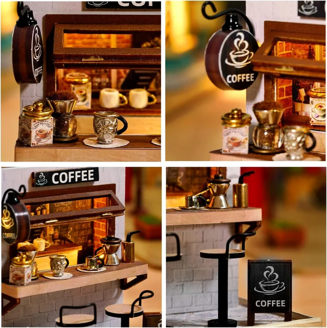 CUTEROOM Close views of the miniature cafe counter, stools and shelving