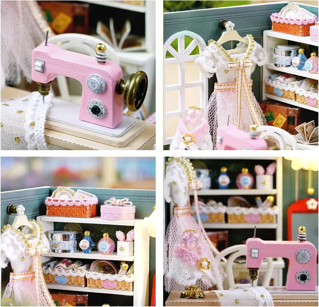 CUTEROOM Close views of the sewing machine, shelves and fabric details