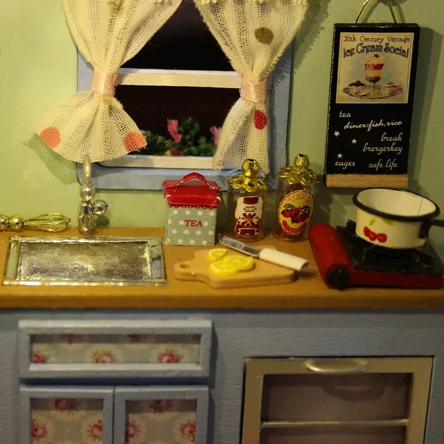CUTEROOM Caravan kitchenette with a curtained window and tiny counter accessories
