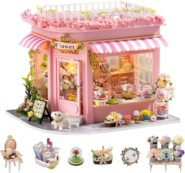 CUTEROOM Colorful Flower Shop miniature pink storefront and accessories